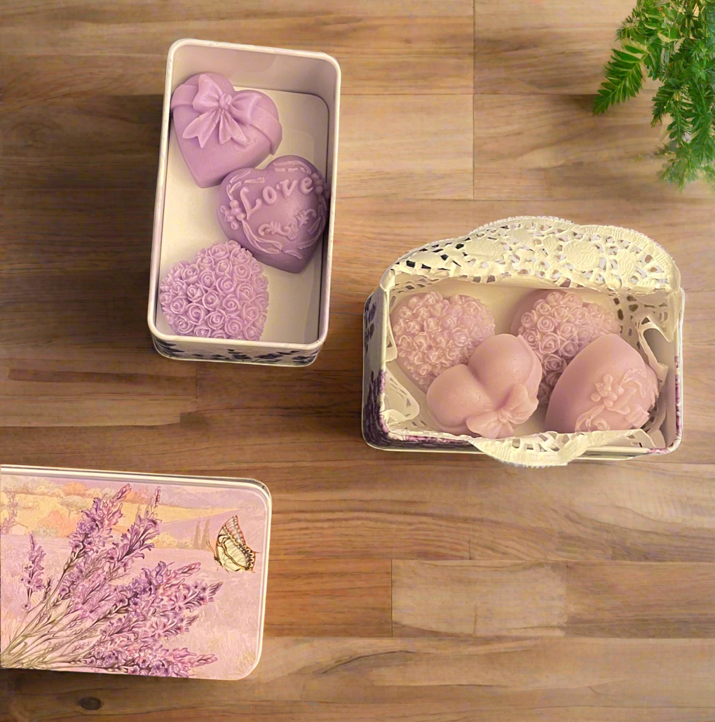 Empty tin boxes with lavender designs - elegant, portable and reusable